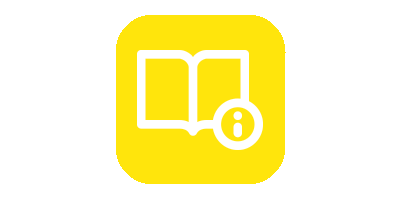 Icon of a book and information sign on a yellow background