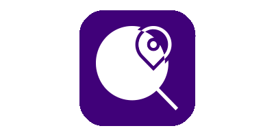 Magnifying glass with location symbol on dark purple background