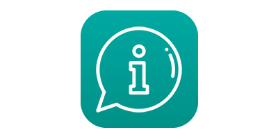 a white icon of an i representing info inside a speech bubble on a teal background