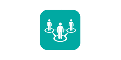 white icon of 3 people standing inside three interconnected circles in front of a teal background