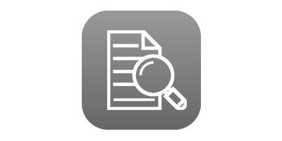white icon of a magnifying glass over a document in front of a grey background