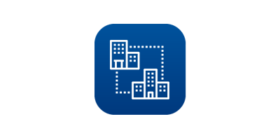 a white icon illustrating two buildings connected by dots on a dark blue background