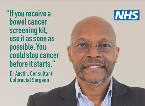 Dr Austin, Consultant Colorectal Surgeon, advising people to complete an NHS bowel cancer screening kit to "stop cancer before it starts."
