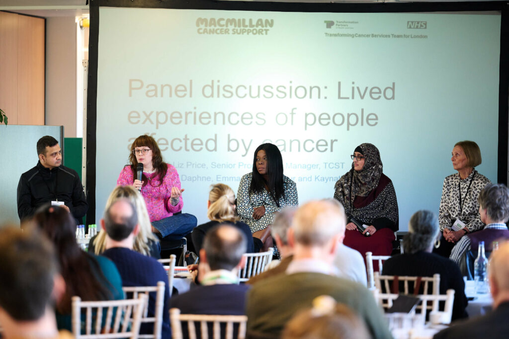 Panel of people affected by cancer. Five people sitting on stage in front of workshop attendees.