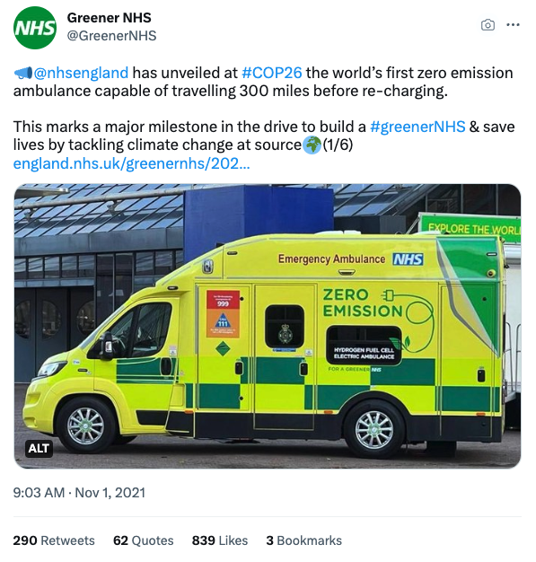 Tweet from the Greener NHS Programme unveiling the world's first zero emission ambulance at COP26