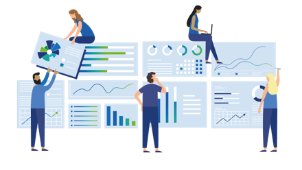 Illustration of people working with data dashboards
