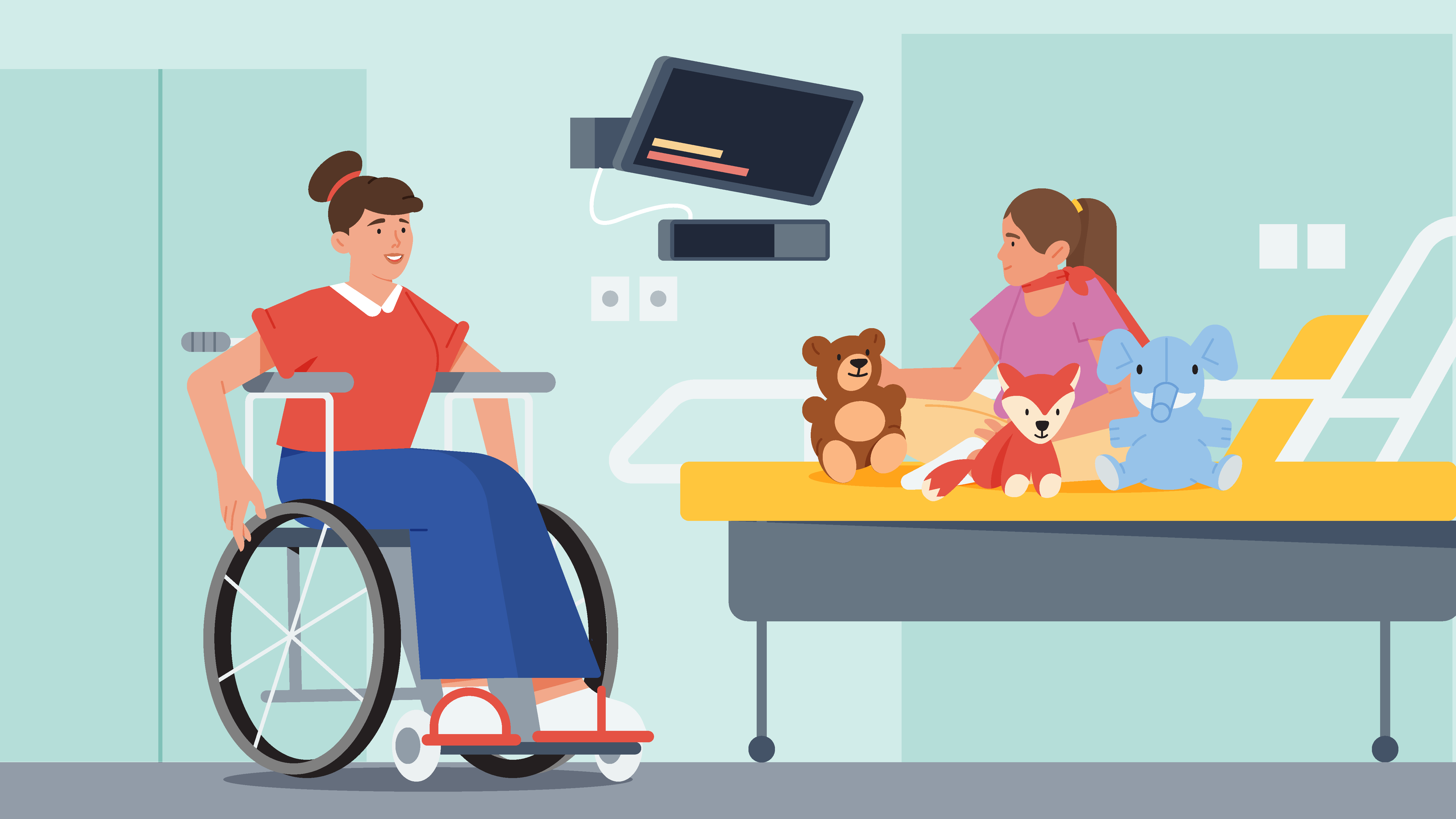 Illustration of a mother in wheelchair and child in hospital bed