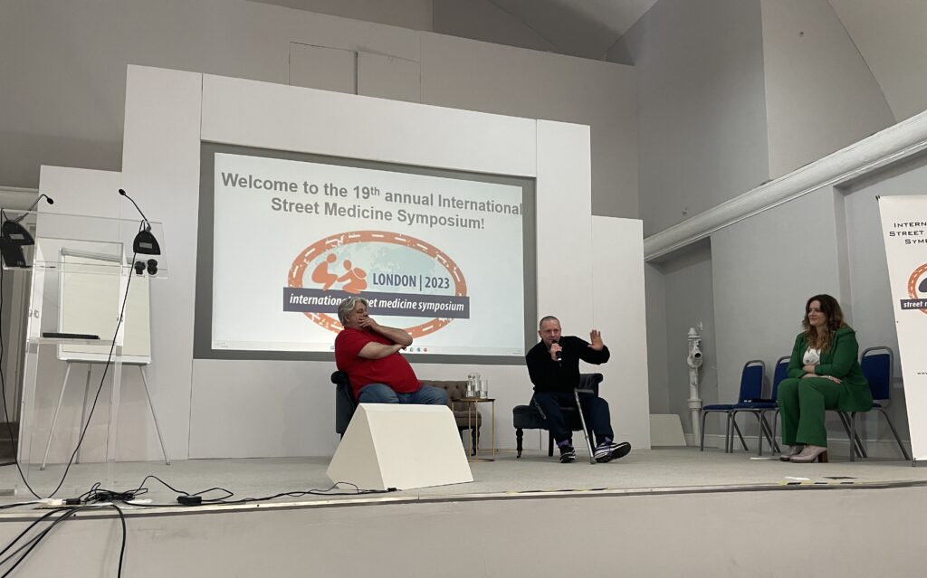 Stan Burridge (Expert Focus), Jacek Slodski (Expert by Experience) and Jemma Gilbert presenting as part of the International Street Medicine Symposium