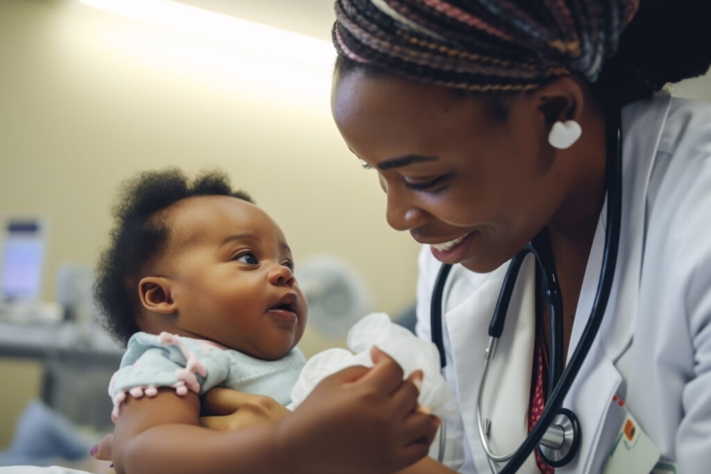 Female doctor examining baby