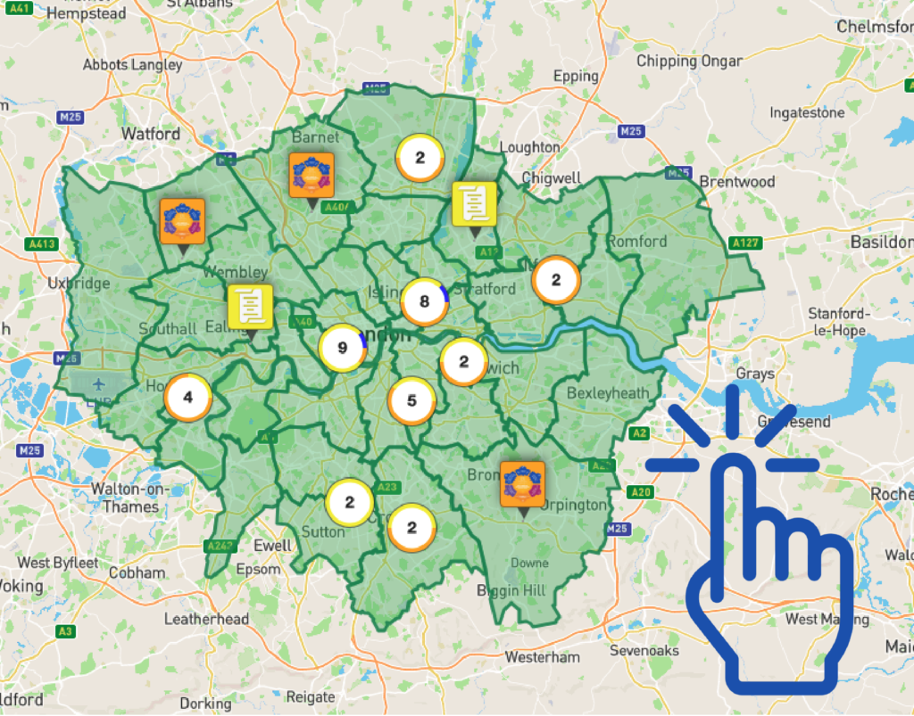 London map with coloured and numbered circles, and a large blue hand clicking on the image