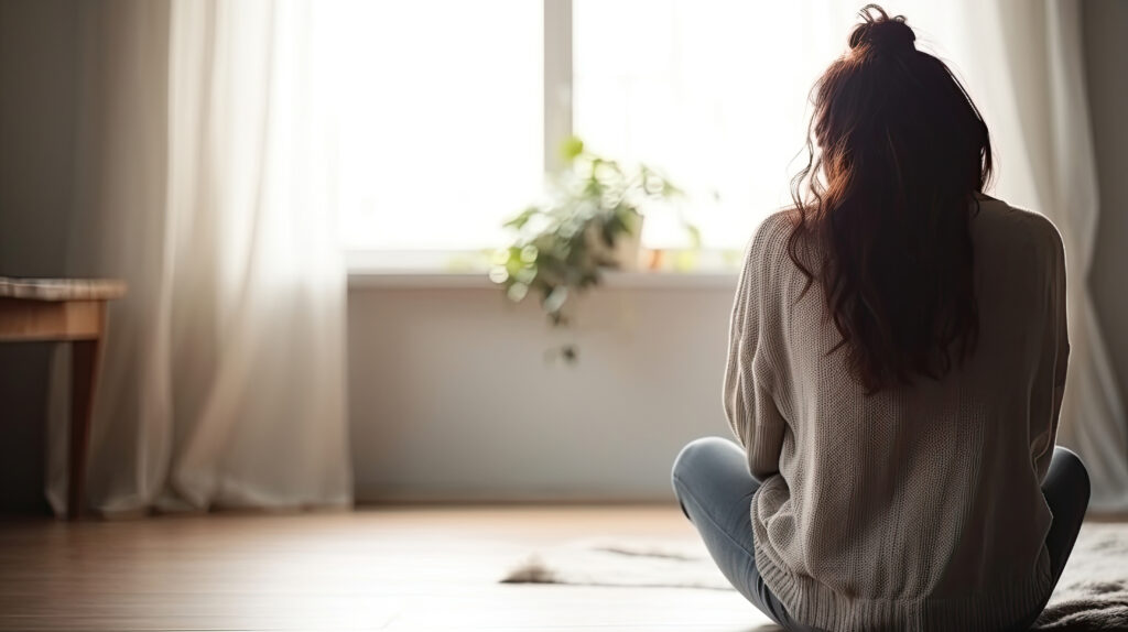 Young woman sitting on the floor in the living room looking outside the doors.