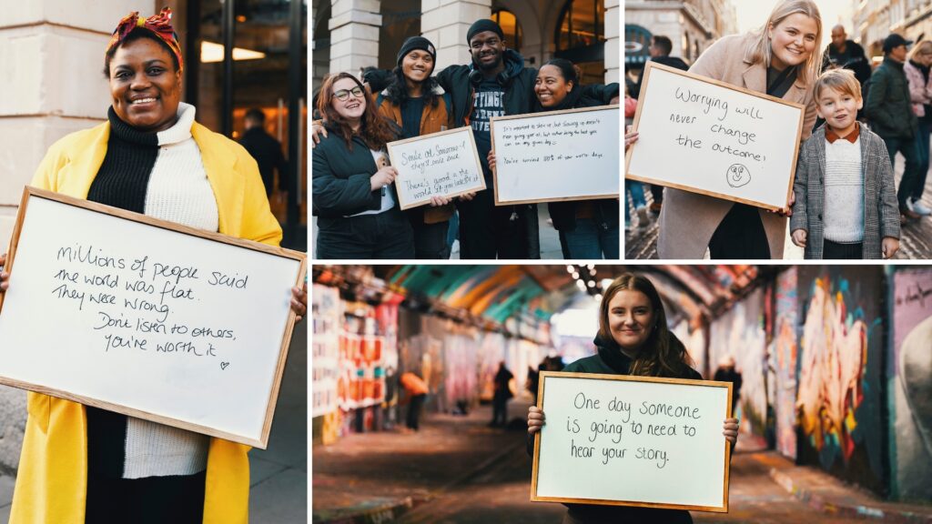 A montage of people holding a whiteboard with inspirational messages