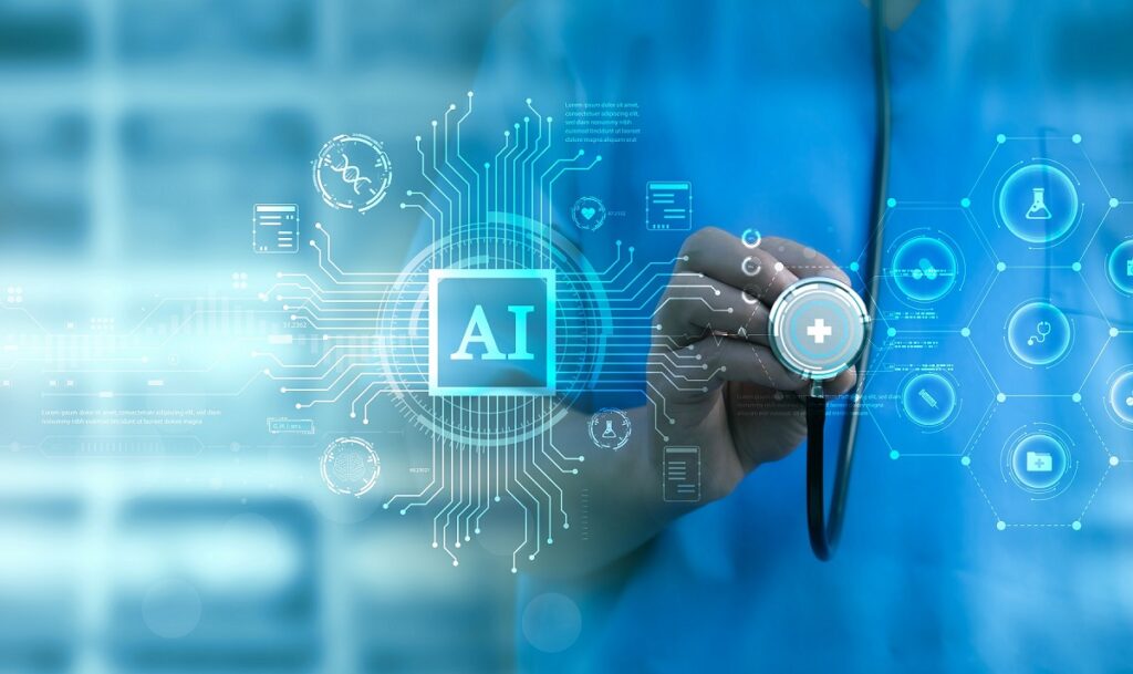 An image that reads: 'AI' with icons and a medical professional holding a stethescope