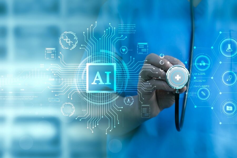 An image that reads: 'AI' with icons and a medical professional holding a stethescope