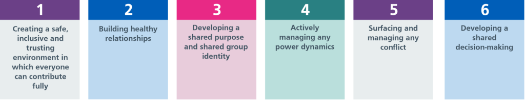 Kings Fund six leadership practices. 1, creating a safe, inclusive and trusting environment in which everyone can contribute fully. 2, building healthy relationships. 3, Develop a shared purpose and shared group identity. 4, actively managing any power dynamics. 5, Surfacing and managing any conflict. 6, Developing a shared decision-making