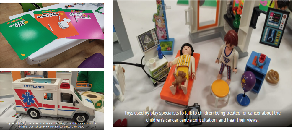 Collage of toys used by specialists to talk to children being treated for cancer