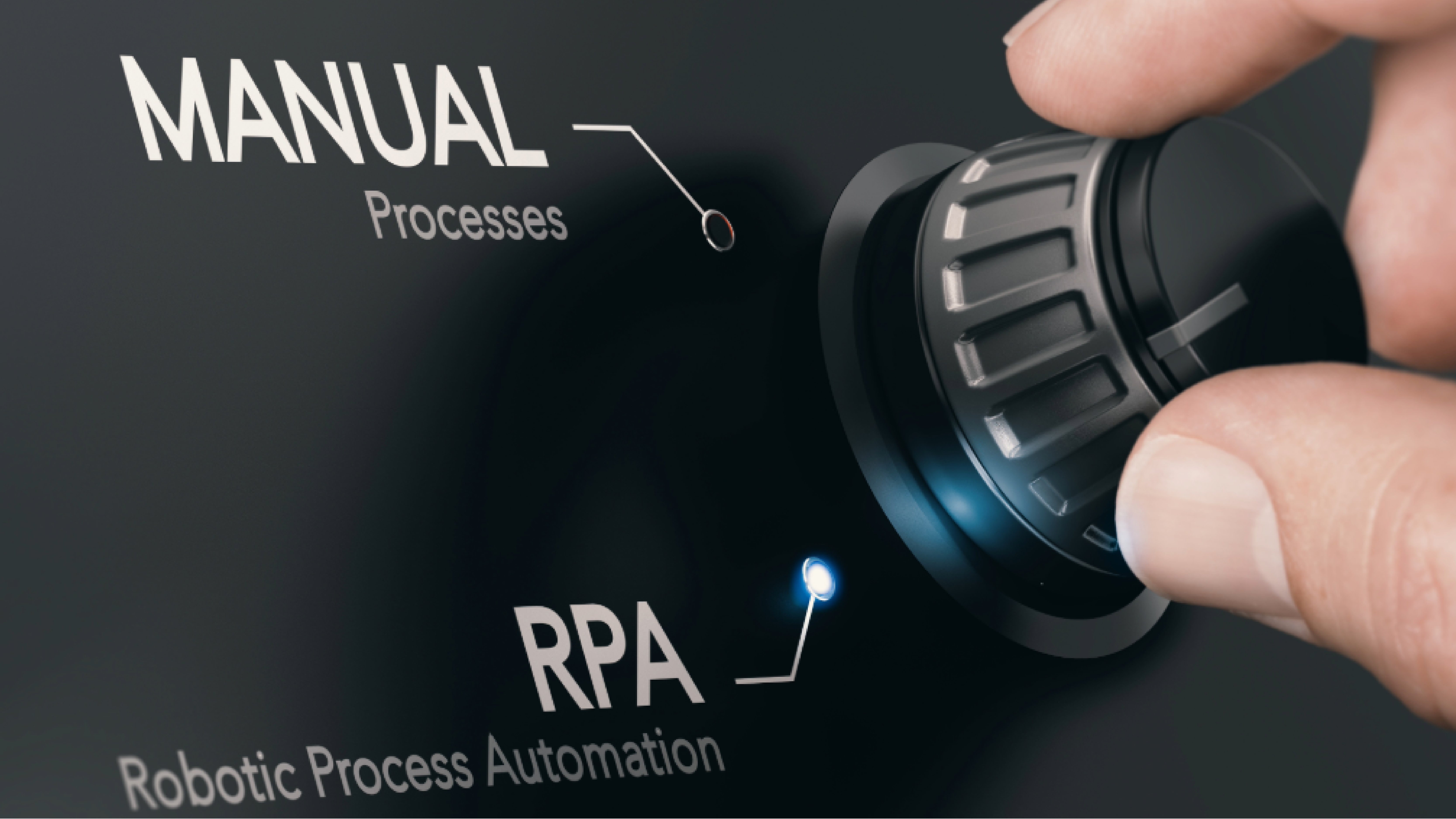 A photo of a dial being turned from manual process to robotic process