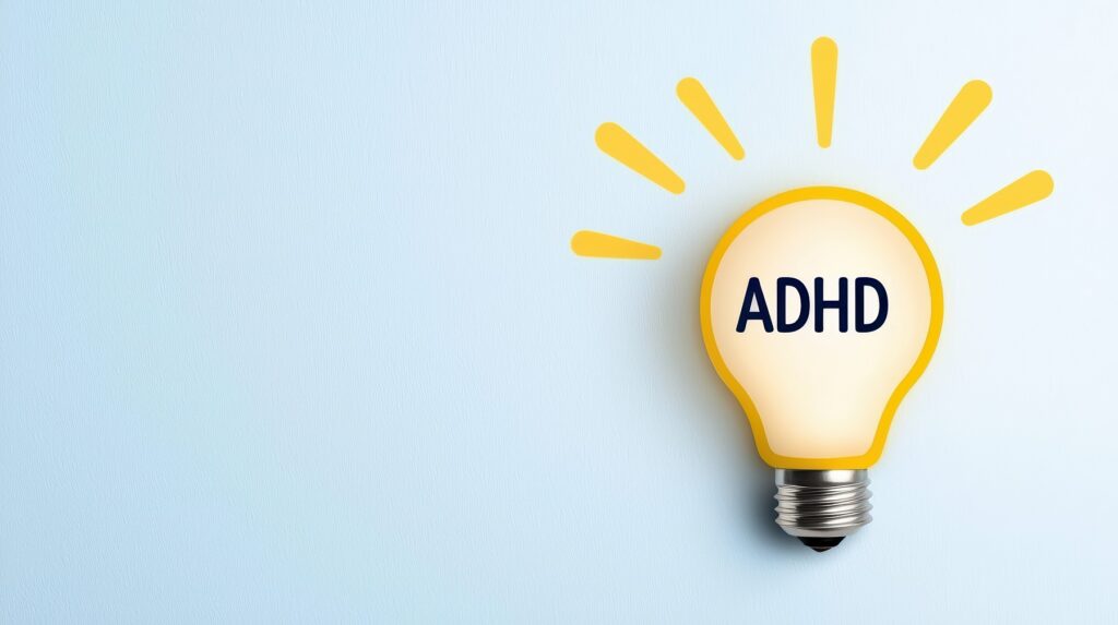 A lightbulb with the word "ADHD" inside symbolizes ideas, awareness, and understanding related to Attention Deficit Hyperactivity Disorder