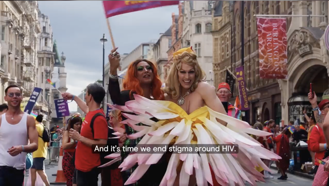 A screenshot from a Pride video shot by Fast Track Cities London with the caption ' and it's time we end stigma around HIV'