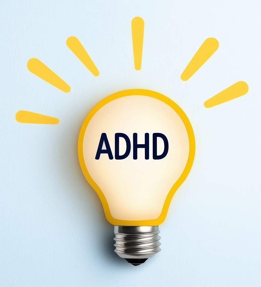 A lightbulb with the word "ADHD" inside symbolizes ideas, awareness, and understanding related to Attention Deficit Hyperactivity Disorder