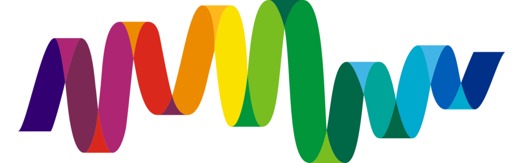 A multicoloured ribbon that twists horizontally like a wave, transitioning through a full spectrum from purple and red to yellow, green, and blue. Overlapping loops and shading create a 3D effect.