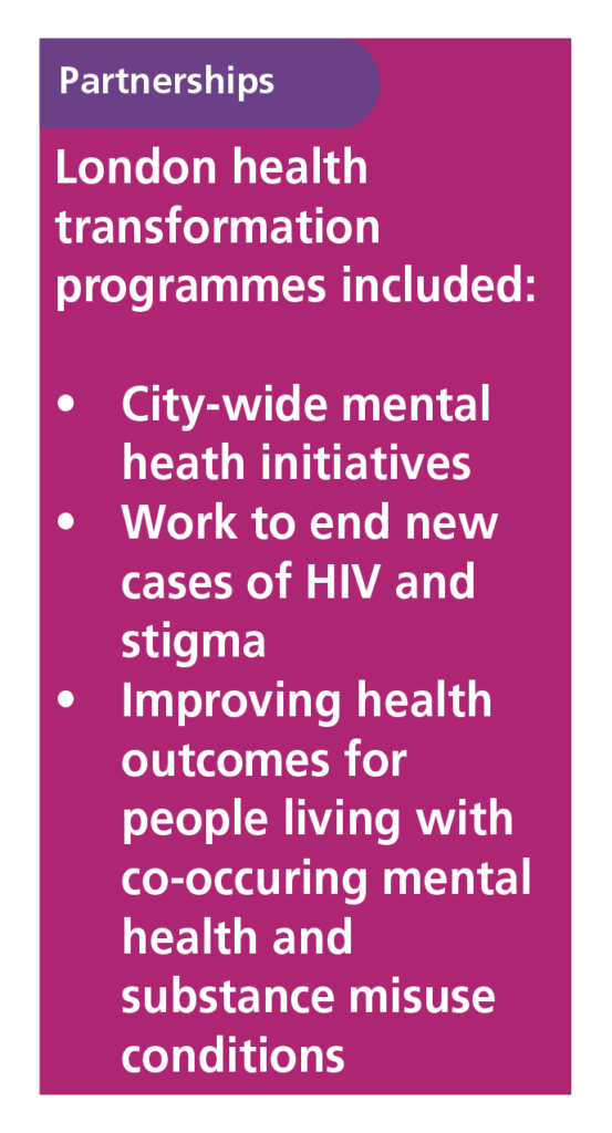 Partnerships London health transformation programmes included: - City-wide mental health initiatives - Work to end new cases of HIV and stigma - Improving health outcomes for people living with co-occuring mental health and substance misuse conditions