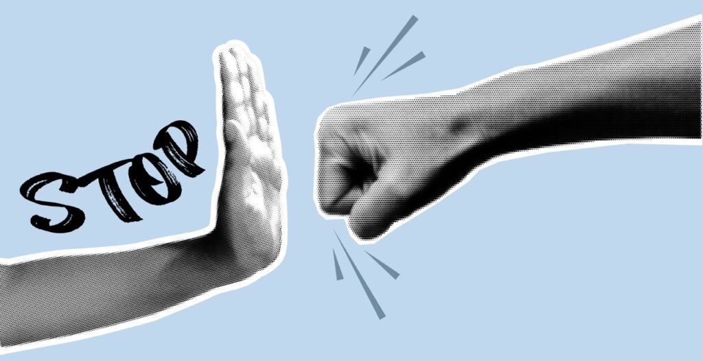 Stylised illustration of a raised hand signalling ‘stop’ as another hand forms a fist and moves towards it. The word ‘STOP’ appears beside the raised hand against a pale blue background.