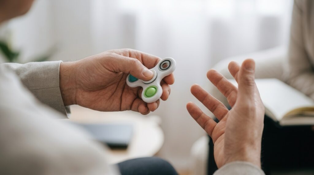 Close-up of a person holding a small handheld fidget device with green buttons while gesturing with their other hand. An open notebook is visible in the blurred background.