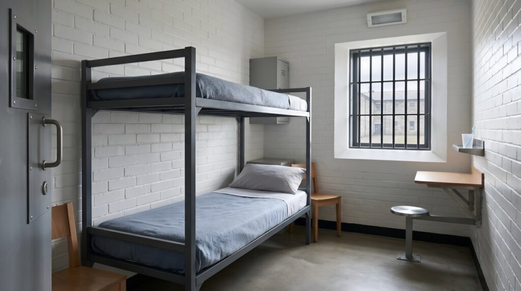 Empty modern jail UK cell interior with bunk bed and barred window