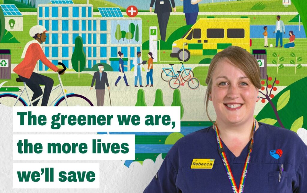 Healthier Planet, Healthier People campaign poster with illustration in the background, female nurse called Rebecca to the foreground and the heading text "The greener we are, the more lives we'll save."