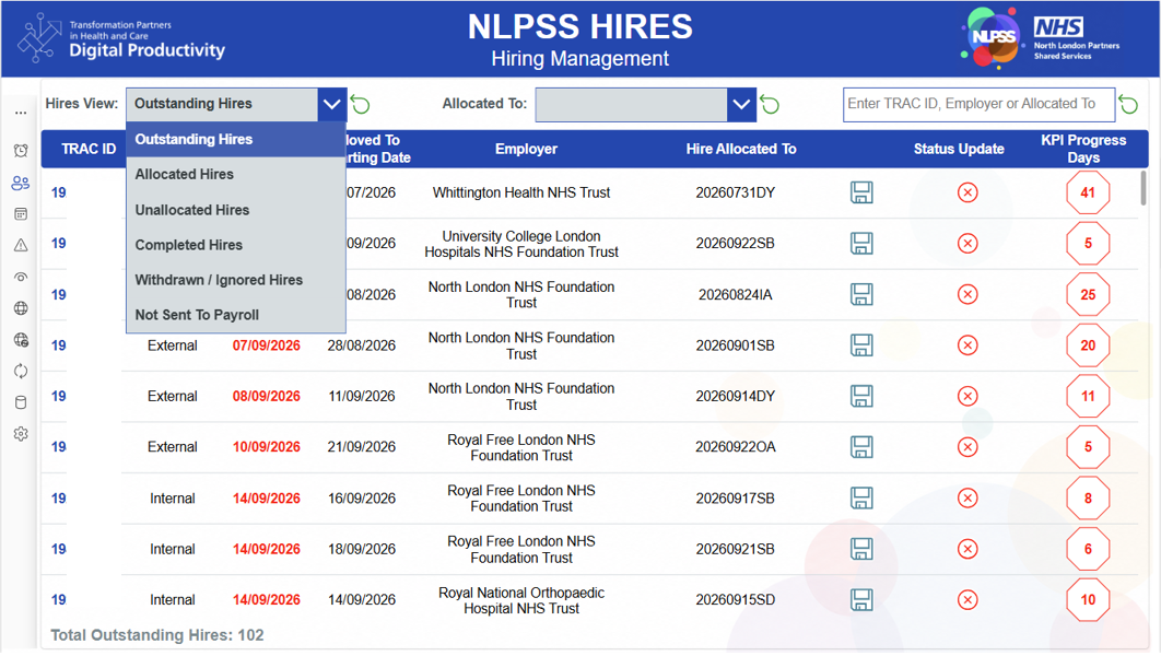 Screenshot of the hiring app's main screen: a table of outstanding hires showing each hire's TRAC ID, whether they are internal or external, booked and revised start dates, employer and allocated team member. Booked start dates needing attention are shown in red. Filters sit above the table and a navigation menu runs down the left.